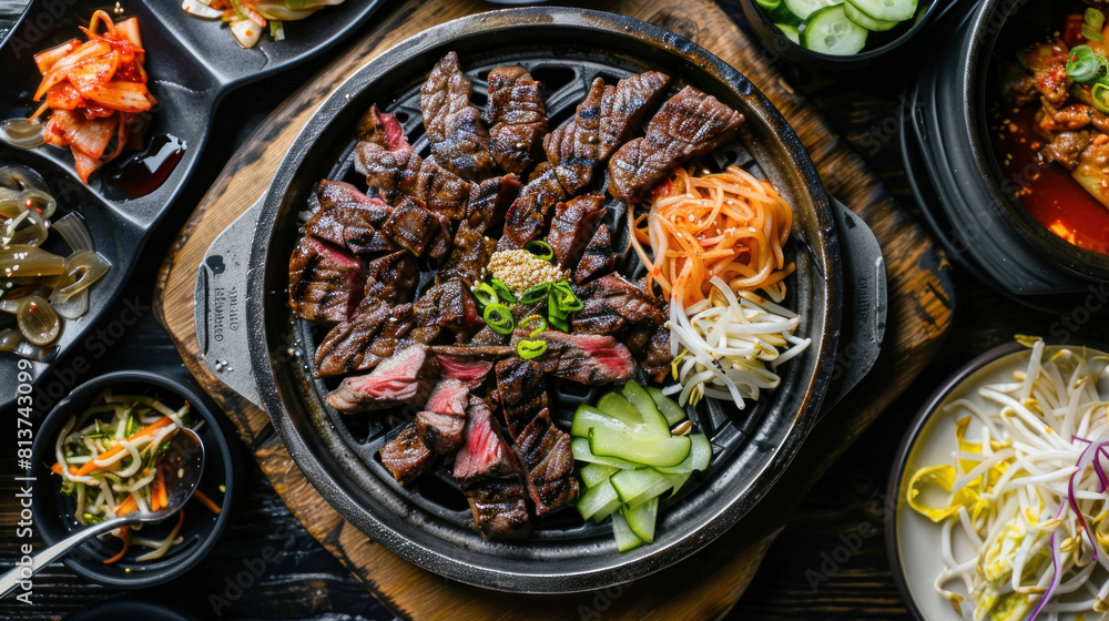 an image of a sizzling plate of bulgogi (marinated grilled beef) served on a wooden platter, accompanied by a colorful array of banchan (side dishes) such as kimchi, pickled radishes, an image of a sizzling plate of bulgogi (marinated grilled beef) served on a wooden platter, accompanied by a colorful array of banchan (side dishes) such as kimchi, pickled radishes,