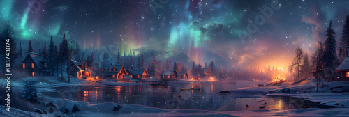 Northern Lights illuminating the Coastal Village   A serene blend of civilization and nature under the enchanting Northern Lights in this photo realistic concept. photo