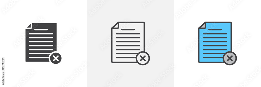 Delete Document icon set. Erase or discard file vector symbol. Reject paperwork. Nullify contract pictogram. Delete Document icon set. Erase or discard file vector symbol. Reject paperwork. Nullify contract pictogram.