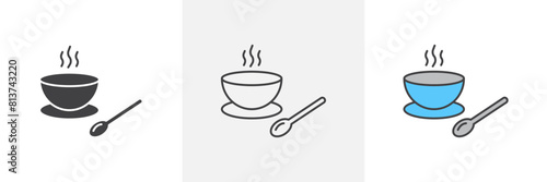 Soup icon set. Steaming bowl with spoon vector symbol. Traditional cuisine icon.