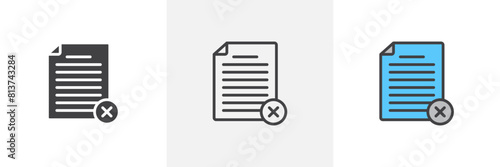 Delete Document icon set. Erase or discard file vector symbol. Reject paperwork. Nullify contract pictogram.