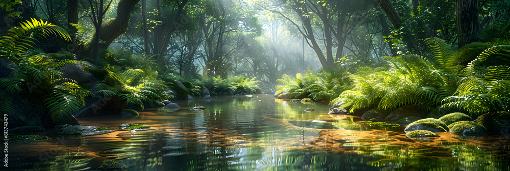 Tranquil Stream Through Old Growth Forest: A Serene Reflection of Lush Vegetation Tranquil Stream Through Old Growth Forest: A Serene Reflection of Lush Vegetation