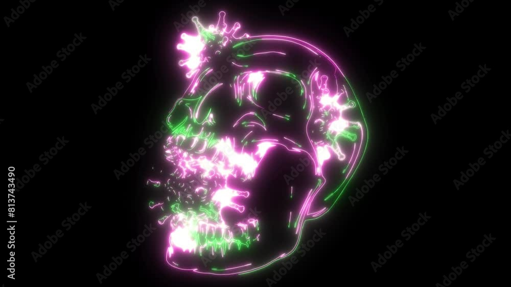 neon animation of human skull with virus neon animation of human skull with virus