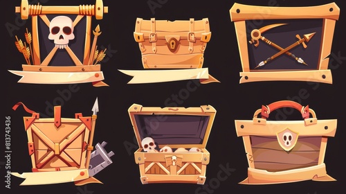 The pirate game win and lose windows set is isolated on a black background. A modern cartoon illustration of old parchment shape frames adorned with a treasure chest full of money and arrows.