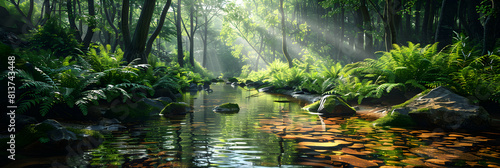 Tranquil Old Growth Forest Stream  Serene Flow Through Ancient Woodlands  Reflecting Lush Vegetation   Photo Realistic Nature Stock Concept