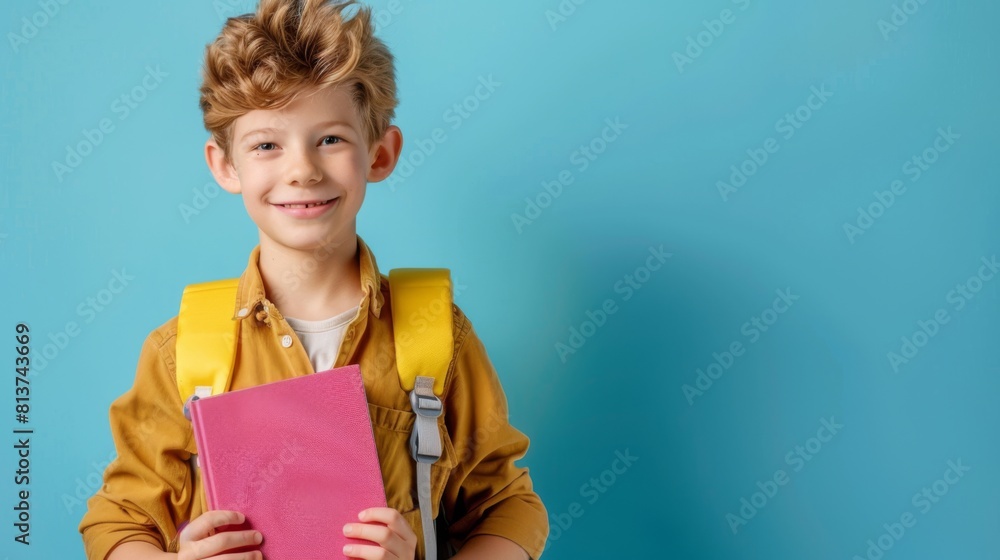 Cheerful Boy with Pink Notebook Cheerful Boy with Pink Notebook