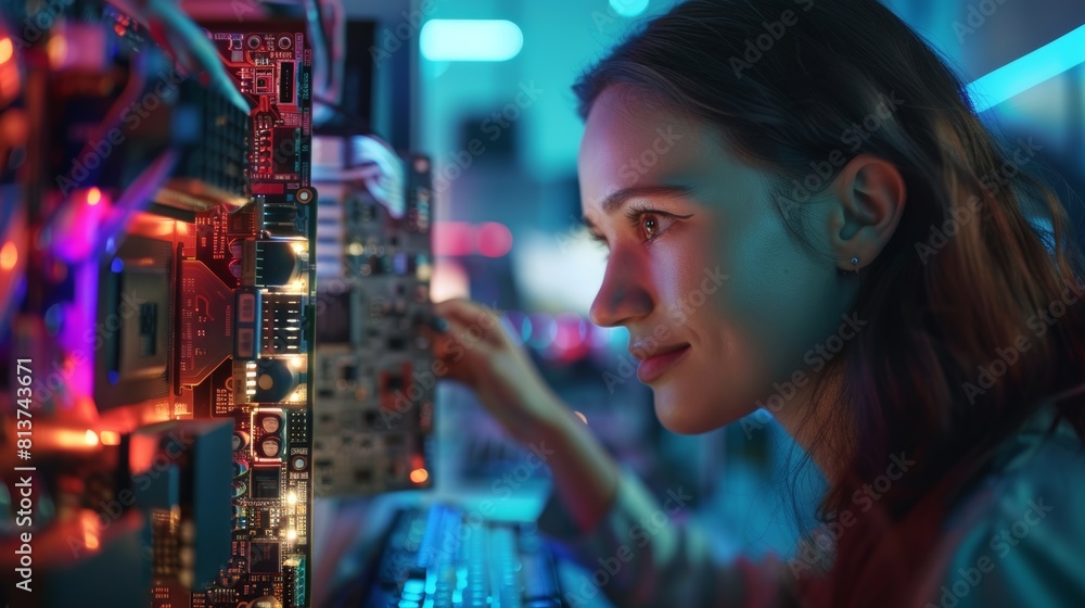 This is a portrait of a beautiful smiling intelligent industrial engineer in an agency working on a 3D circuit motherboard project using computer CAD software. This is a portrait of a beautiful smiling intelligent industrial engineer in an agency working on a 3D circuit motherboard project using computer CAD software.