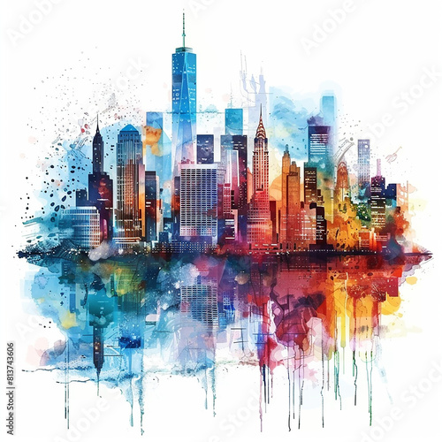 Vibrant watercolor painting of a city skyline with colorful splashes and drips  reflecting an abstract and artistic representation of an urban landscape. Urban life and creative art expression concept