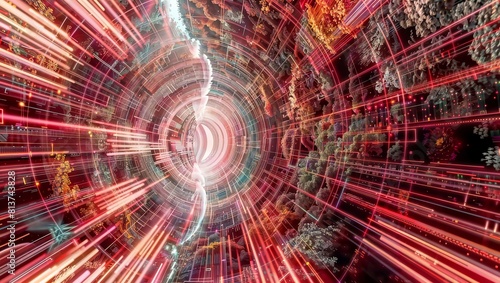Surreal futuristic digital artwork with intense red and pink colors, depicting a vortex tunnel of glowing lines, rays, and circular patterns, suggesting a wormhole or time-travel portal. photo
