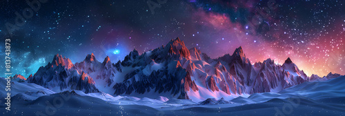 Snow capped mountains under starry skies: A breathtaking nocturnal landscape where snow meets the cosmos photo
