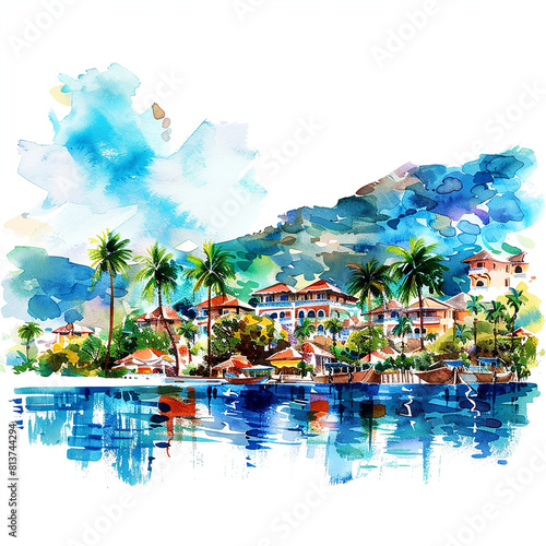 Watercolor painting of a peaceful tropical beach scene with palm trees  beachfront huts  and a lush mountain backdrop under a blue sky. The artwork captures the vibrant and relaxed atmosphere 
