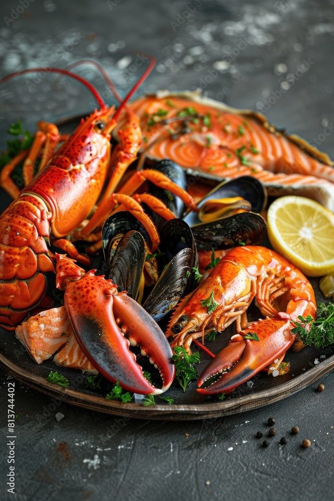 ready seafood on a plate top view. selective focus. ready seafood on a plate top view. selective focus.