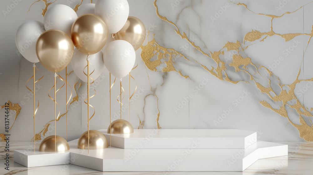 White and gold balloons with marble background. White and gold balloons with marble background.