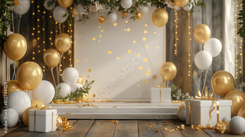 White and gold balloons with a twinkle light backdrop. Perfect for a birthday, anniversary, or any special occasion.