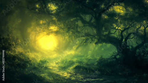 Mystical Forest Scene with Radiant Moonlight and Ethereal Glow, Perfect for Fantasy Book Covers 8K Wallpaper High-resolution © ArtStockVault