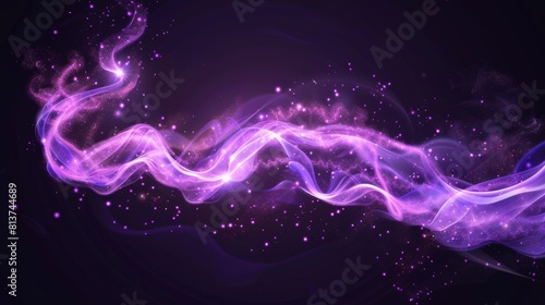 An abstract realistic transparent modern with a smoke trail flying. Magic smoke with light and sparkle. A breeze flowing through the fog. Neon wizardry powder with shimmer flying. photo