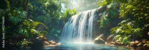 Hidden Oasis  Photo Realistic Rainforest Waterfall Oasis Surrounded by Lush Vegetation in Tropical Rainforest   Adobe Stock Concept
