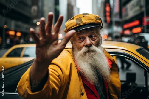 Senior taxi driver with white beard signaling with his hand in an urban setting