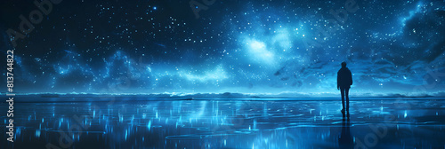 Calm Waters Reflecting Glowing Bioluminescence: A Photorealistic Mirror Effect with Night Sky and Stars