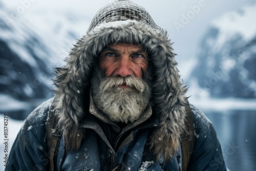 Portrait of a determined man with a frosty beard in a winter landscape