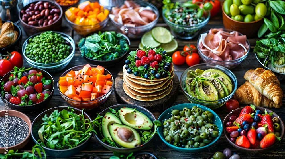 Food and fruits in plastic bowls on a table, AI-generated.