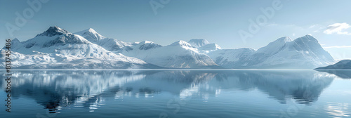 Tranquil Waters Reflecting Majestic Snow Capped Mountains: Perfect Symmetry in Nature   Photo Realistic Concept © Gohgah