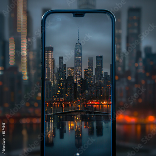 Glowing skyline framed within smartphone borders.