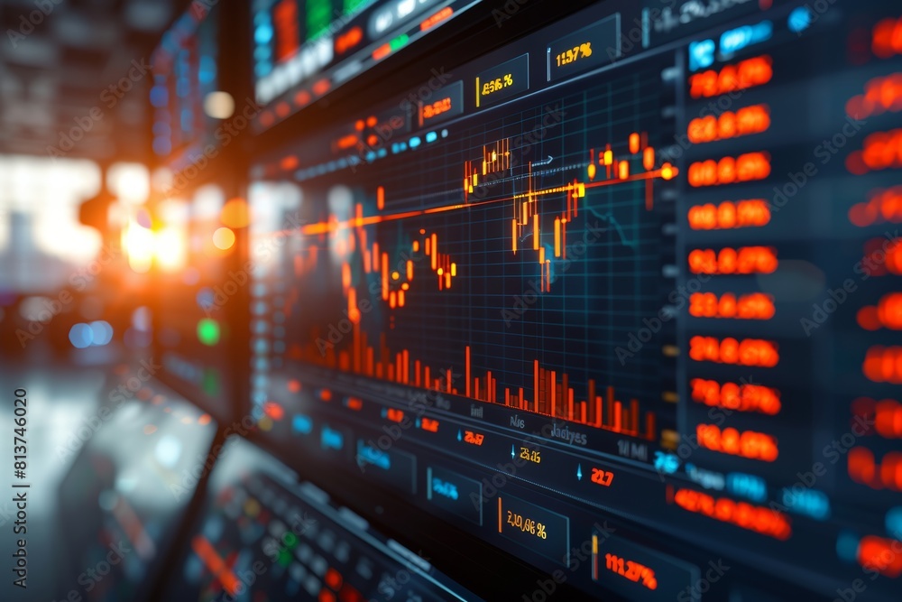 Vibrant blue graphs show beer market rally under sunrise glow, viewed from a downward angle