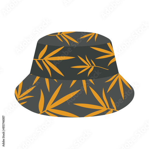 Summer Panama hat gray with orange leaves. Sun protection, beach accessory. Isolated vector illustration for your design