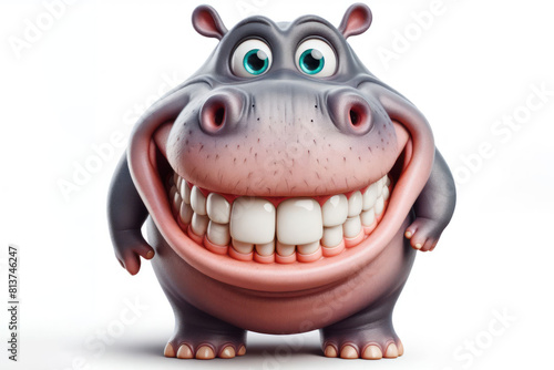 funny Hippopotamus with a big smile and big teeth on a white background