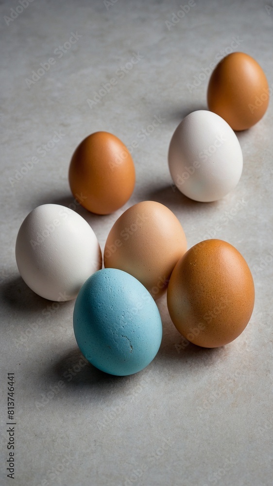 Eight eggs of different colors rest on smooth surface. Variety in color, with one blue egg standing out among white, brown ones, creates visually striking contrast. Eight eggs of different colors rest on smooth surface. Variety in color, with one blue egg standing out among white, brown ones, creates visually striking contrast.