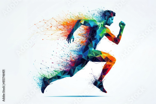 Polygonal person man running colorful splash contrast sharp on white background