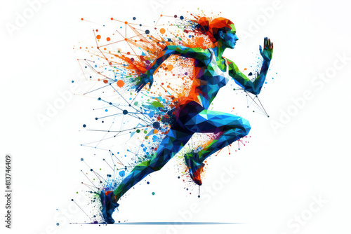 Polygonal person woman running colorful splash contrast sharp on white background