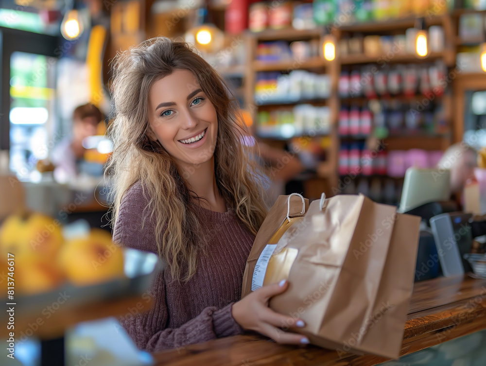 Young woman holding a paper bag full of groceries in a grocery store