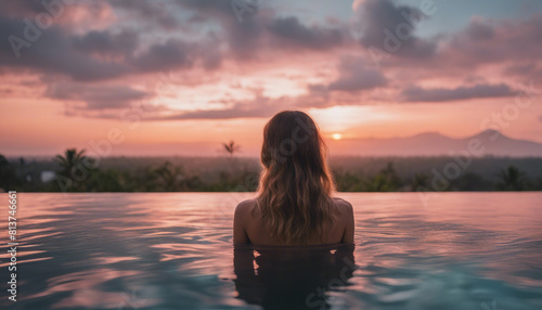 Portrait of woman in infinity pool in Bali, sunset view 