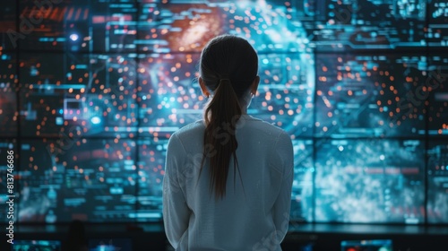 Female Analyst Working in System Control Room and Monitoring Telecommunications. Back view of young woman looking at a big screen with neural network 3D visualization. photo