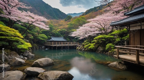 Tranquil scene unfolds with traditional japanese structure nestled among blooming cherry blossoms. Still pond waters reflect serene surroundings, creating mirror-like surface. Lush greenery. photo