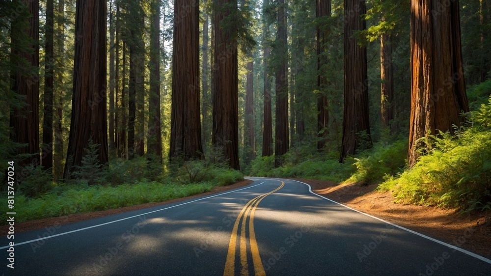 Winding road cuts through dense forest of towering, ancient trees, illuminated by gentle rays of sun piercing through foliage. Contrast between darkened trunks, glowing leaves creates serene. Winding road cuts through dense forest of towering, ancient trees, illuminated by gentle rays of sun piercing through foliage. Contrast between darkened trunks, glowing leaves creates serene.