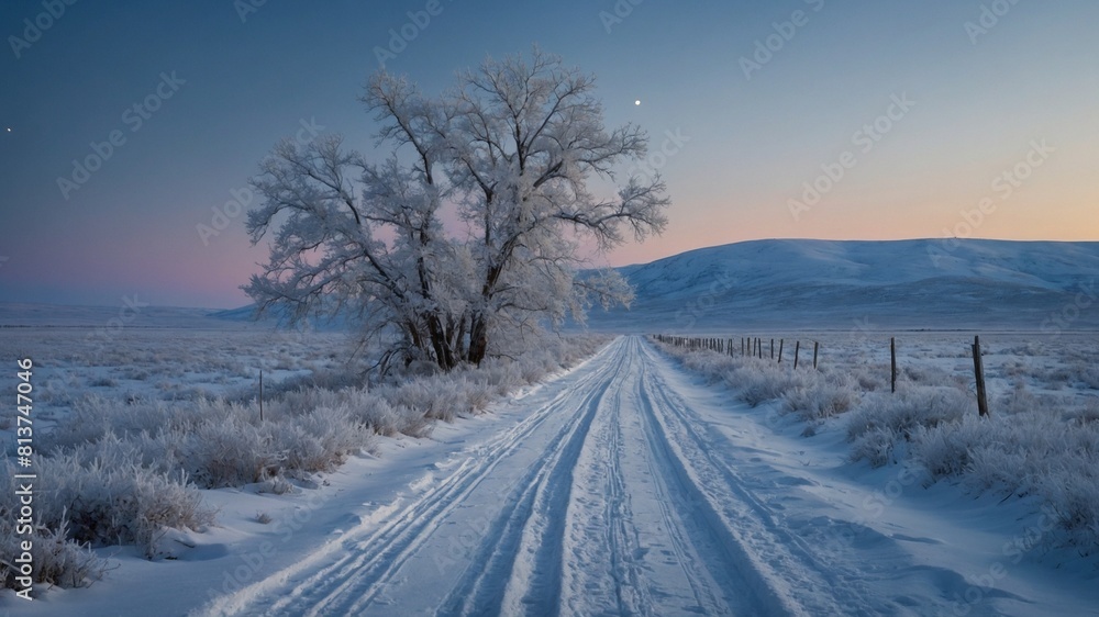 Serene winter landscape bathes in soft hues of setting, rising sun, casting gentle glow on snow-covered ground. Large tree, branches frosted white. Serene winter landscape bathes in soft hues of setting, rising sun, casting gentle glow on snow-covered ground. Large tree, branches frosted white.
