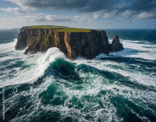 A dramatic seascape of towering sea cliffs carved by the relentless forces of wind and water, with waves crashing far below