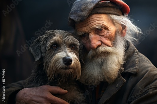Portrait of a senior man with a beard holding his beloved pet dog closely