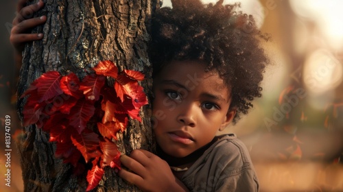 Boy Embracing Autumn Tree photo