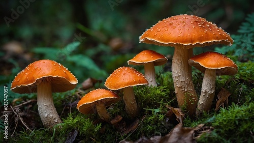 Group of vibrant orange mushrooms, adorned with water droplets, emerges from green moss, fallen leaves. Largest mushroom, surrounded by smaller ones, stands out against dark forest backdrop.