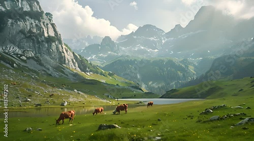 a group of cows are eating grass at the foot of the mountains photo