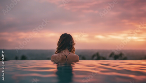 Portrait of woman in infinity pool in Bali, sunset view 