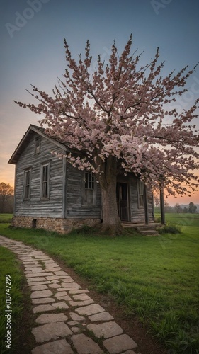 Blossoming tree stands majestically beside old, wooden house, its branches heavy with pink flowers that contrast weathered facade. Stone path leading to house bordered by lush green lawn. © Tamazina