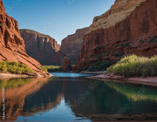 A tranquil inlet surrounded by towering red rock cliffs, with calm waters reflecting the stunning natural scenery