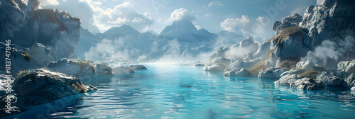Steamy Serenity: Photo realistic Thermal Pools in Volcanic Setting as Natural Spa Experience Amid Rugged Landscapes Photo Stock Concept