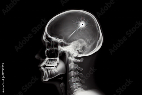X-ray of a head with a bullet wound on a black background