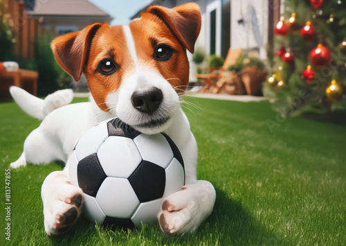 Ein Jack Russell Terrier liegt auf grünem Rasen und hält liebevoll einen Fußball in seinen Pfoten © sweasy